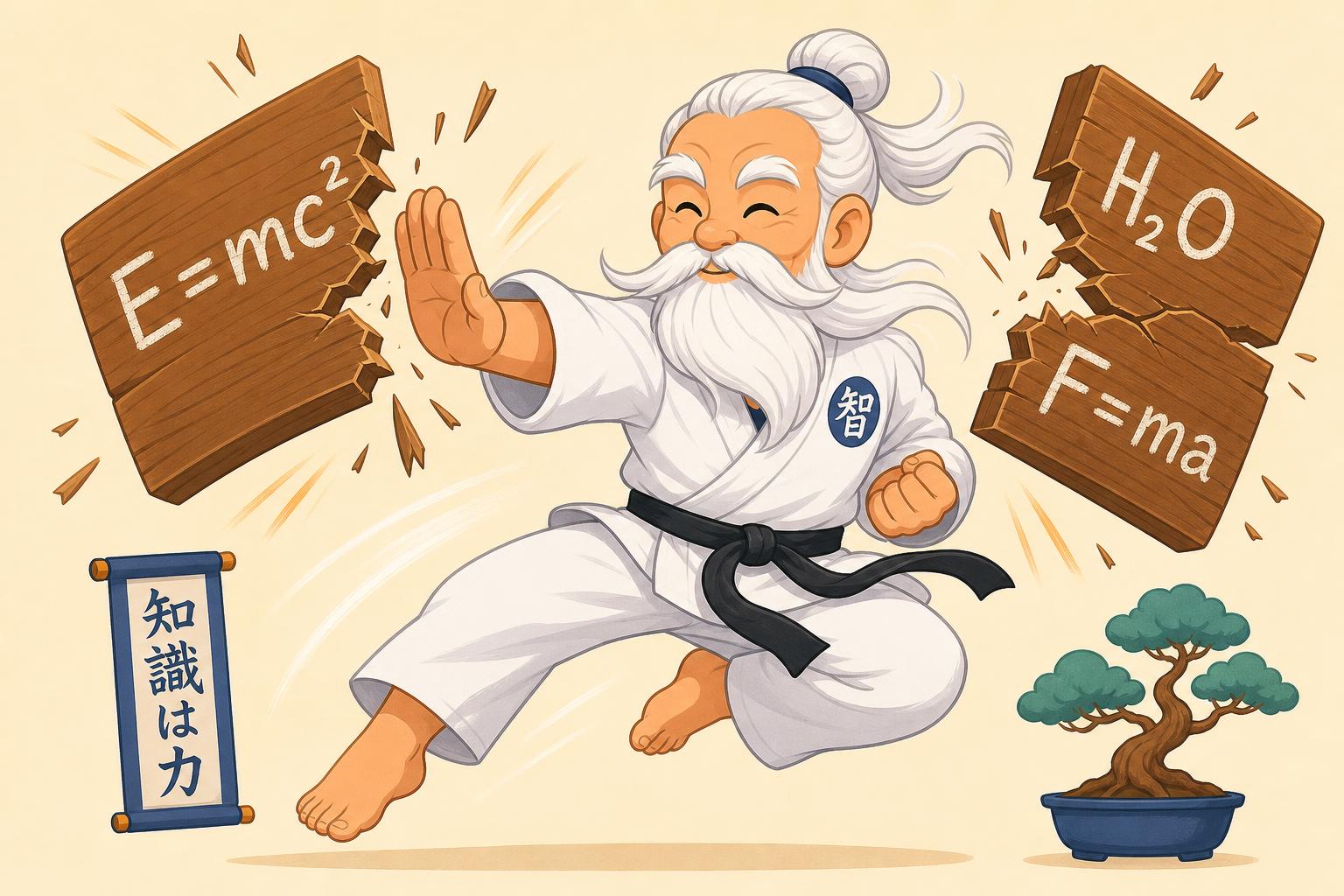 Grandmaster Cerraco karate-chopping wooden boards with E=mcΒ², HβO, and F=ma formulas
